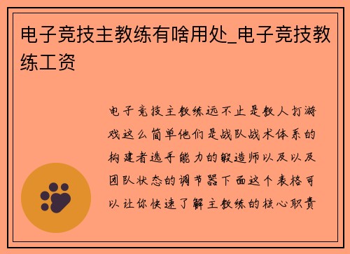 电子竞技主教练有啥用处_电子竞技教练工资